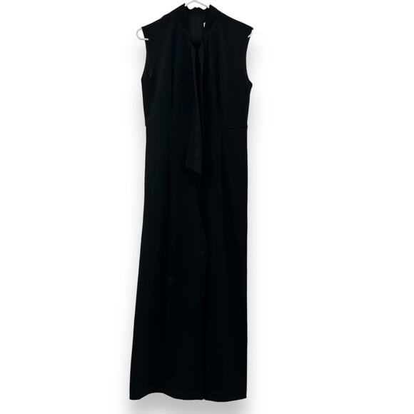 Calvin Klein Black Stretch jumpsuit Tie Neck Pockets Size 10 Wide Leg EUC - Picture 1 of 11